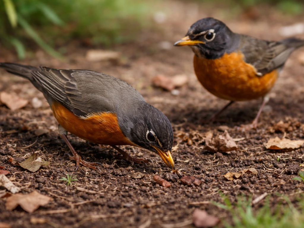 American robins foraging on soil with an earthworm in view, captured mid run-and-stop posture.