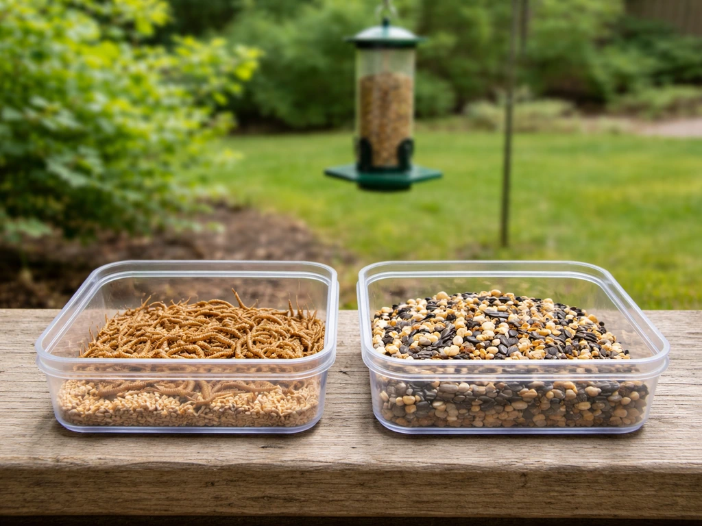 Two side-by-side containers on a porch: live mealworms in one, common birdseed in the other.