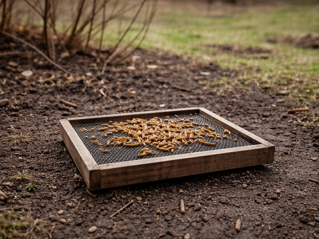 Low platform feeder with mealworms outdoors, early spring ground cues in soft natural light