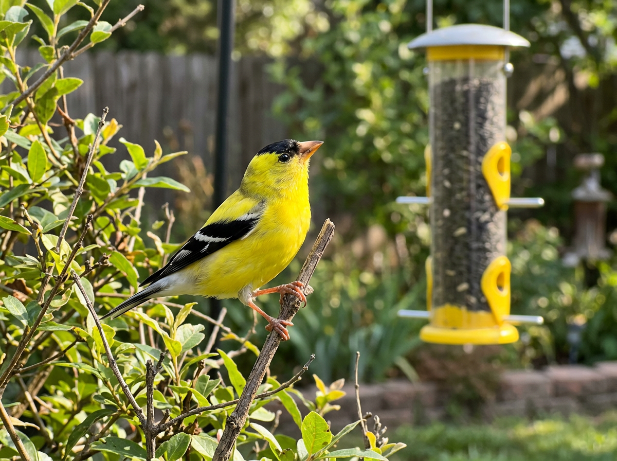 Finch scanning a bright yellow feeder from a perch with visible movement