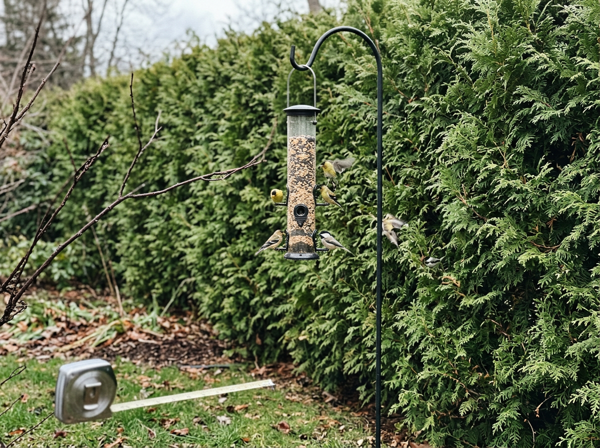 Feeder positioned with a nearby shrub for quick visibility and escape