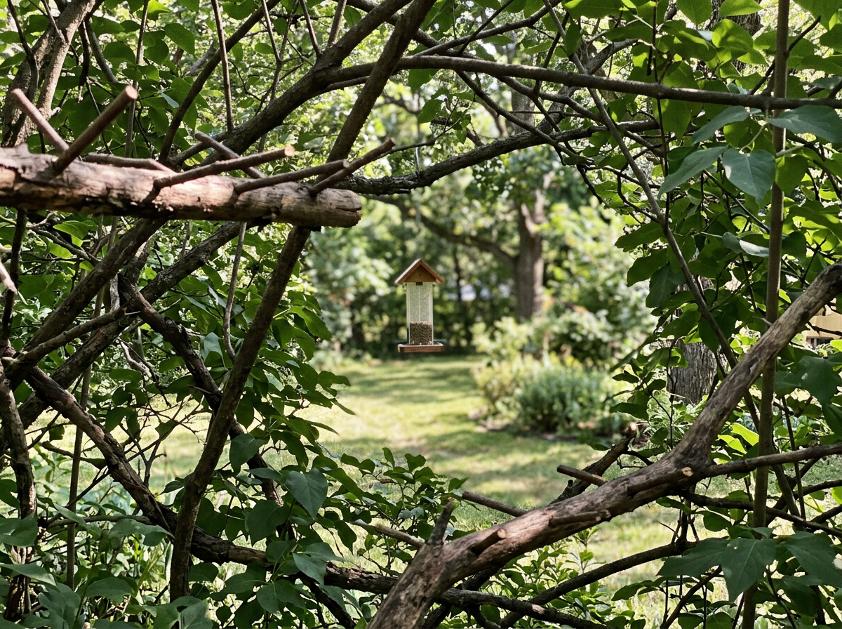 Finch feeder seen from natural perches with clear line of sight