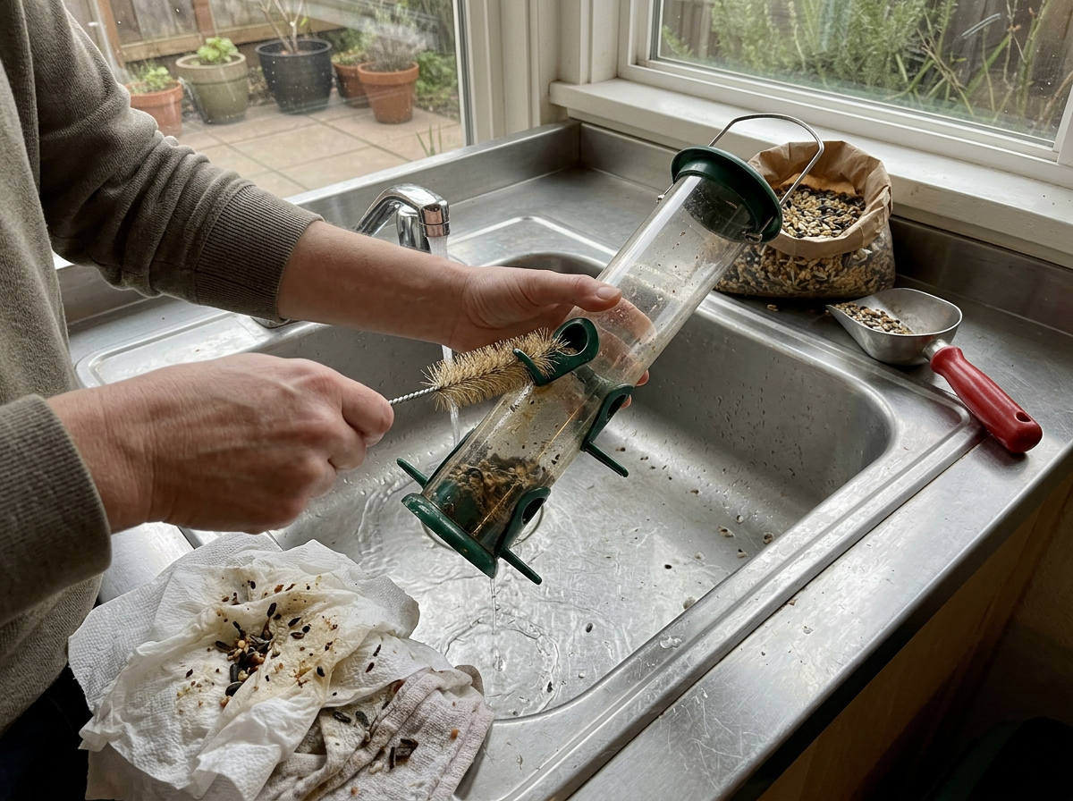 Tube feeder cleaned and ready with fresh seed for finch safety