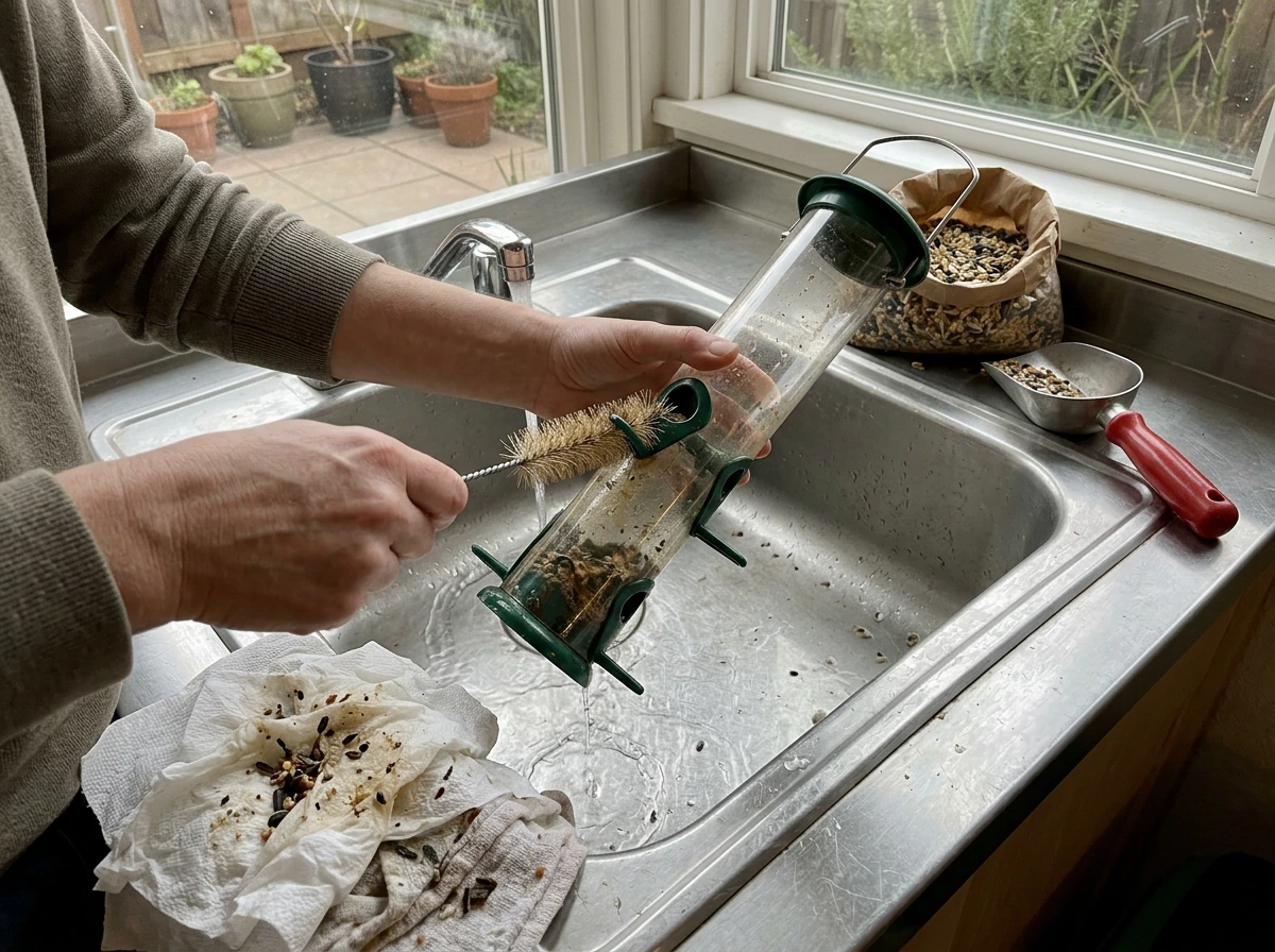Tube feeder cleaned and ready with fresh seed for finch safety