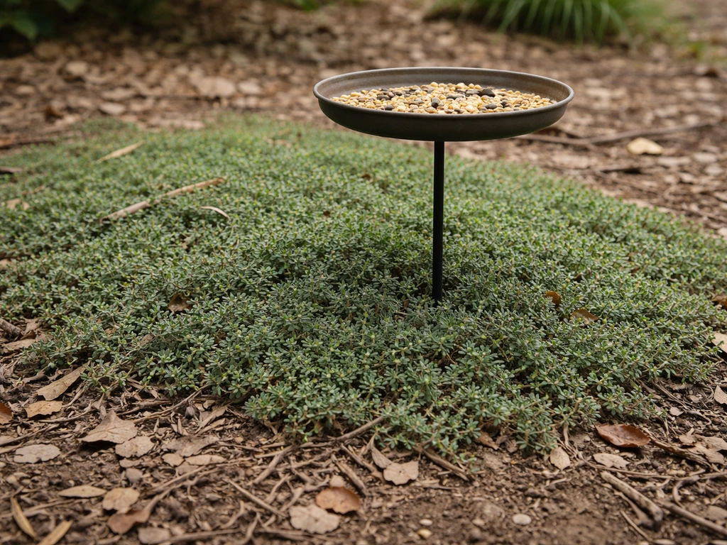 Low creeping thyme mat filling the tough-love zone under a bird feeder amid dry leaves and debris.