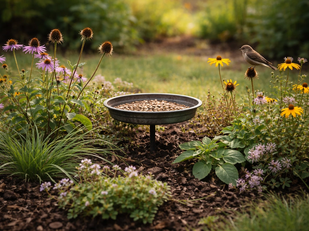Native low-maintenance plants with seed heads around a simple bird under-feeder tray outdoors.