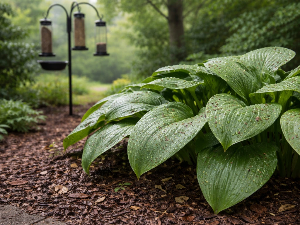 Large-leaved hosta leaves drooping beside a bird feeder under damp, debris-filled conditions.