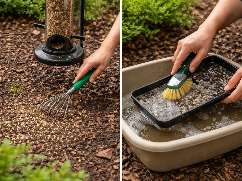 Person raking seed hulls from beneath a bird feeder while cleaning the feeder tray outdoors