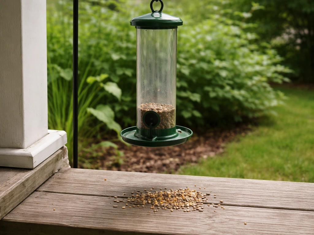 Empty bird feeder on a porch with a small scattered pile of seed below.