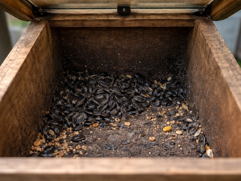 Open bird feeder interior with damp clumped seed and an empty-to-partially-empty bottom
