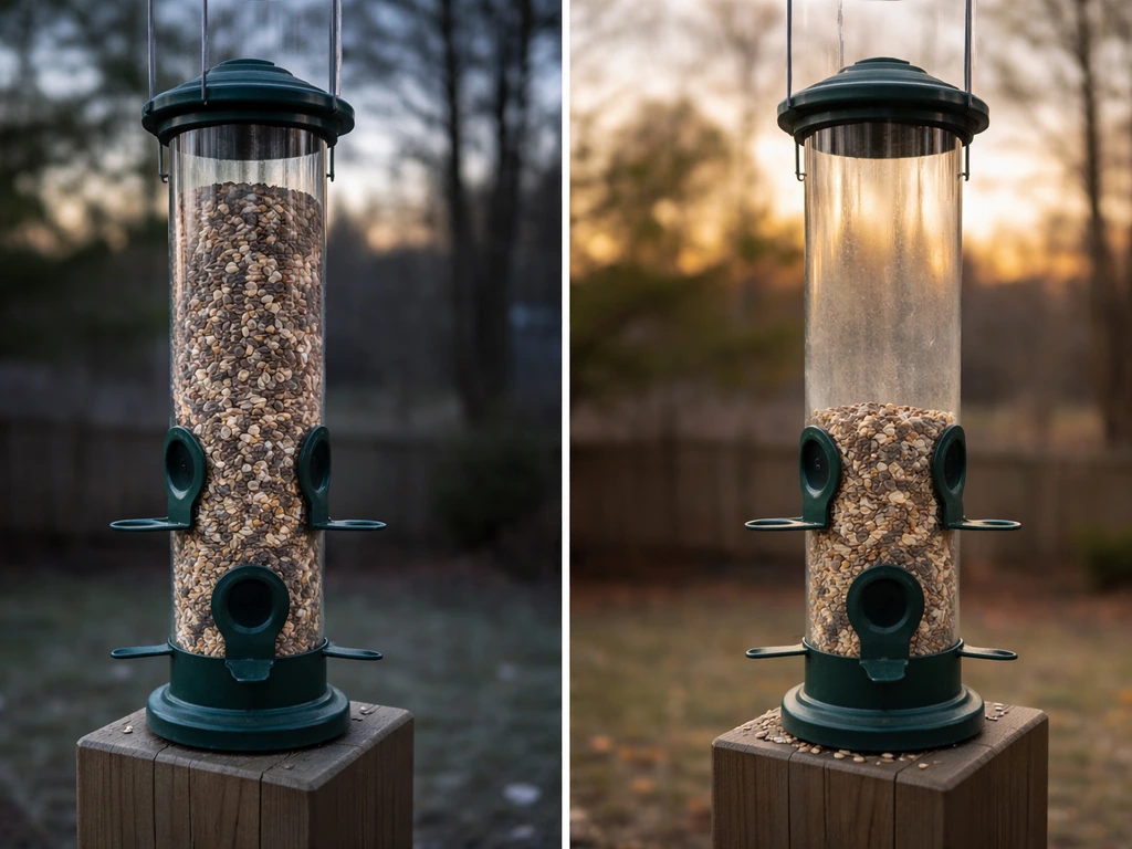 A birdseed tube feeder outside showing full dusk to empty by morning in a split before/after view