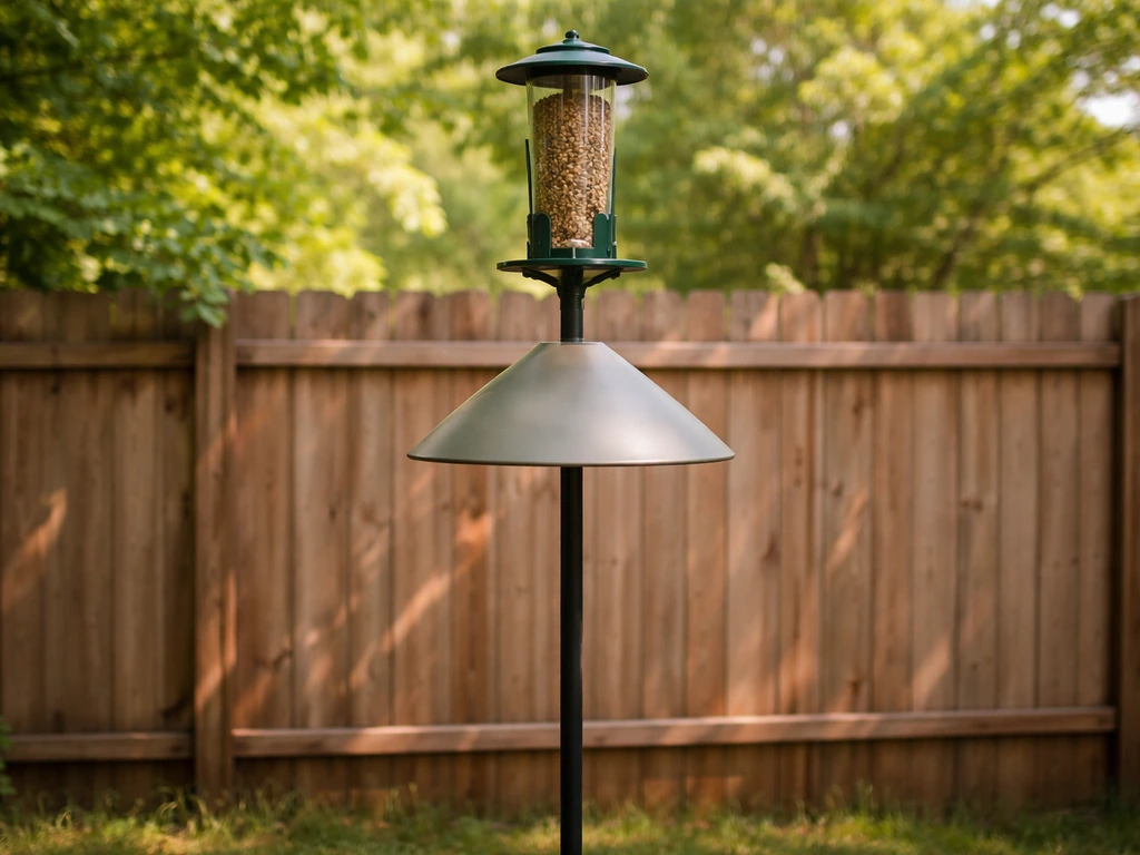 Pole-mounted baffle shielding a bird feeder from squirrels and raccoons