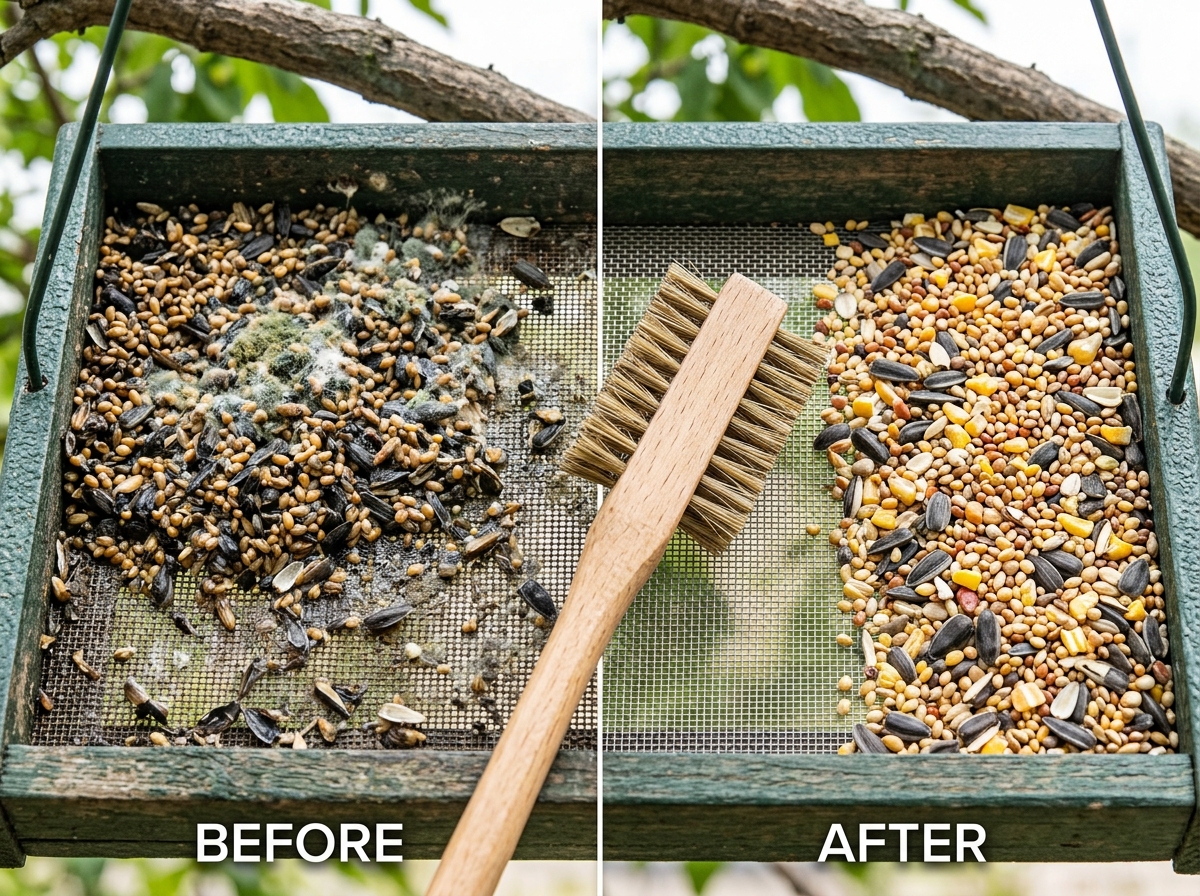Wet clumped seed and mold on a feeder tray compared to fresh dry seed