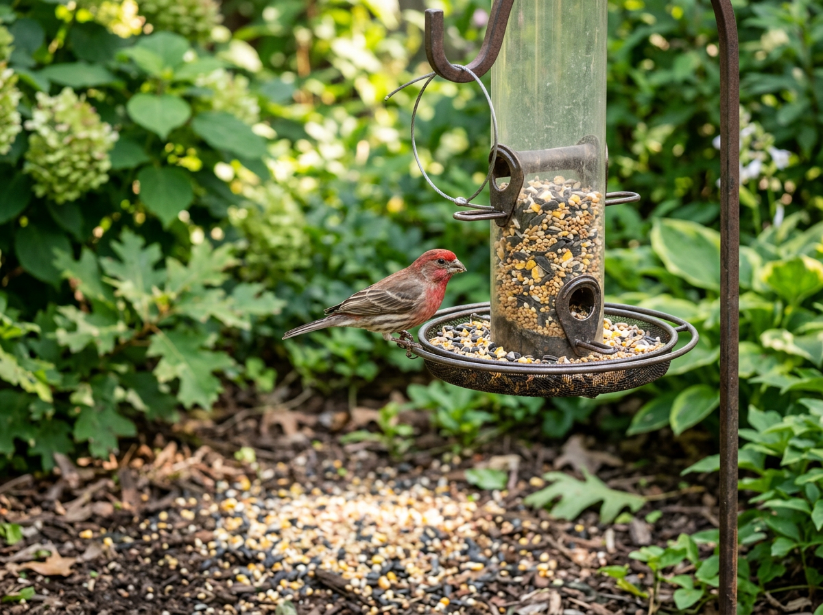 Backyard bird perched by seed; spilled seed nearby to show odor from fresh feed