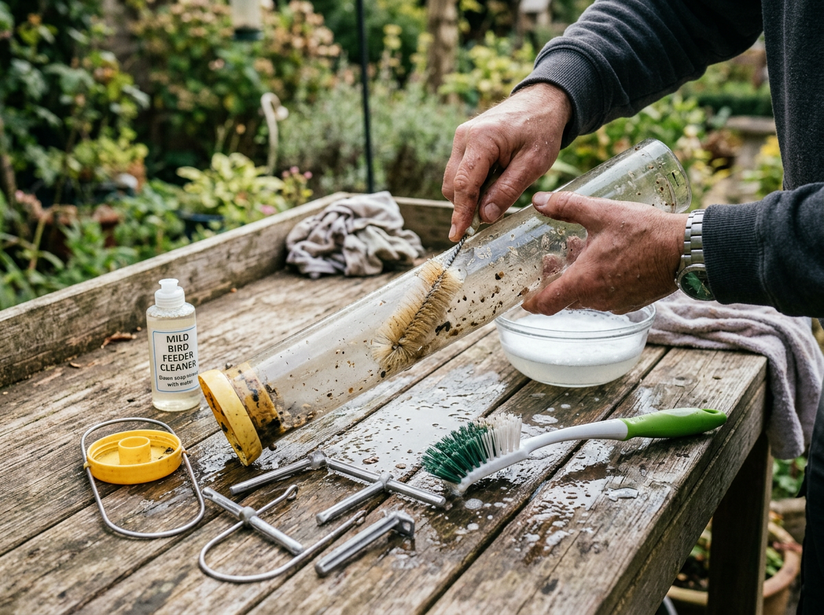 Cleaning a feeder: tube feeder disassembled and scrubbed with a brush