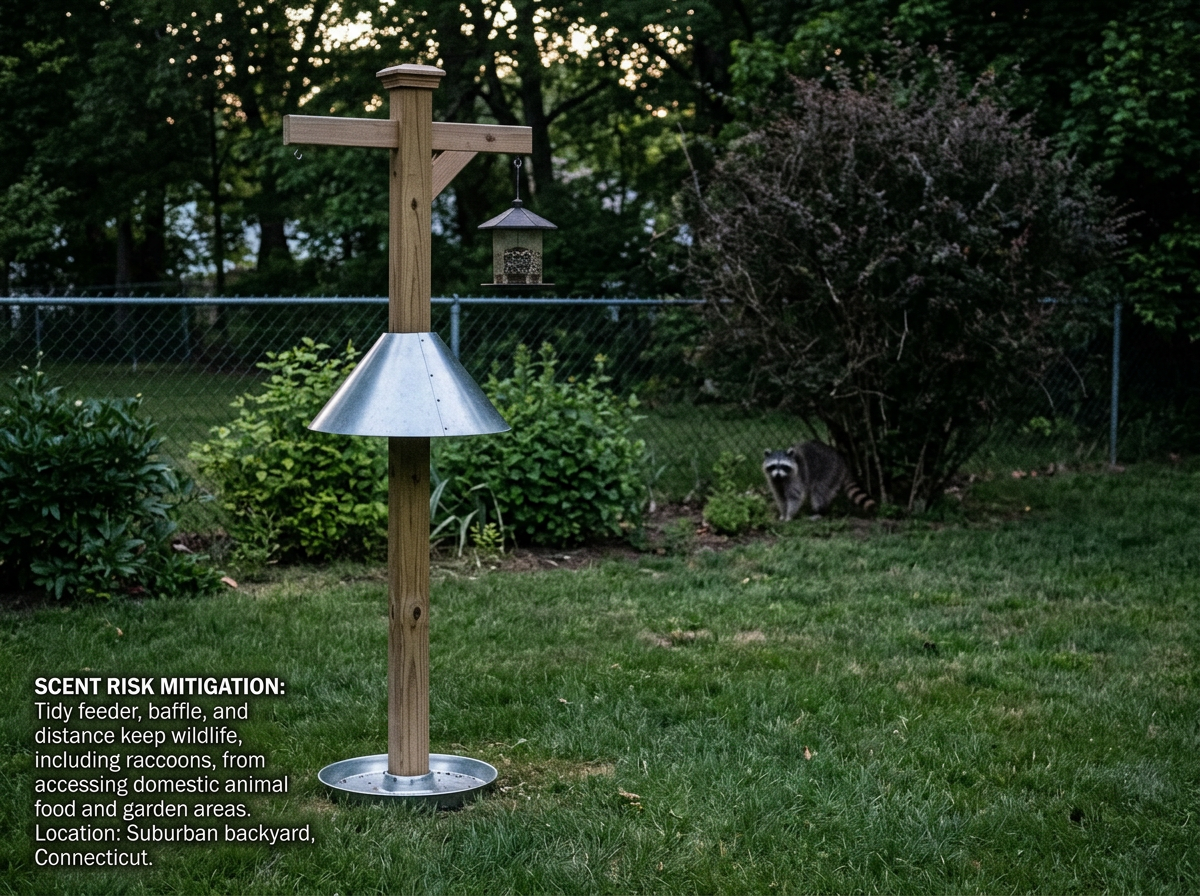 Birds vs rodents: raccoon tail and feeder area with ground scatter avoided