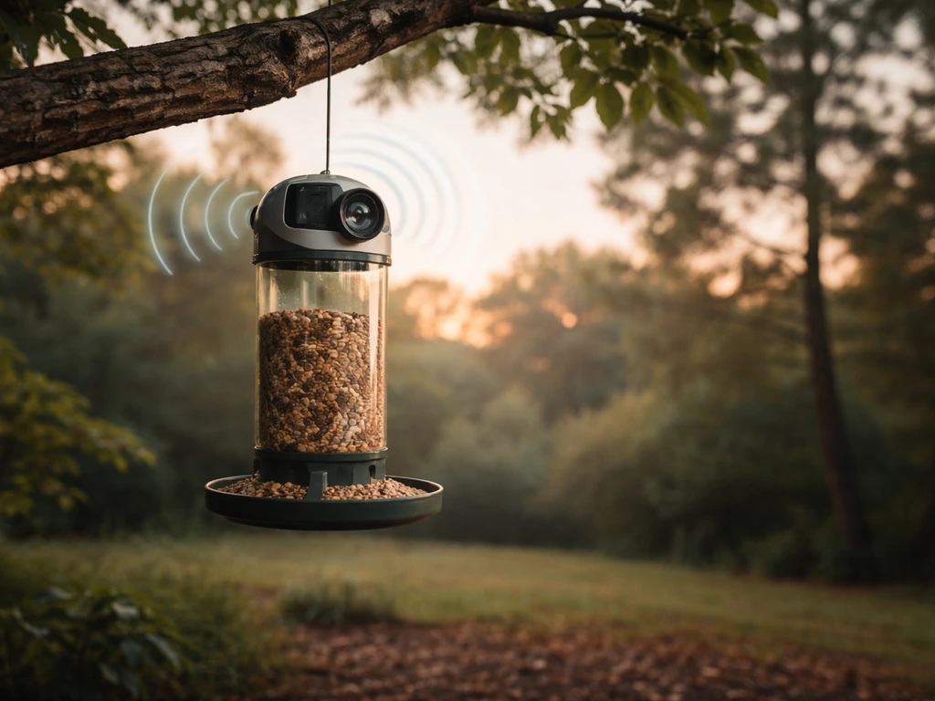 Outdoor bird feeder with an attached camera, subtle wireless signal waves implied near the device.