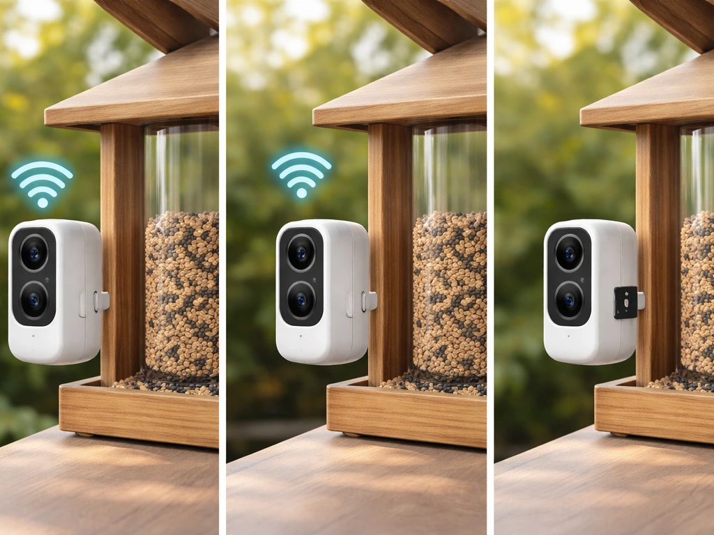 Three simple icon-style scenes of a bird feeder camera with Wi‑Fi, cellular, and SD-only options