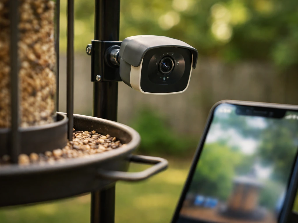 Outdoor bird feeder Wi‑Fi camera mounted near a feeder with a phone showing faint app glow.