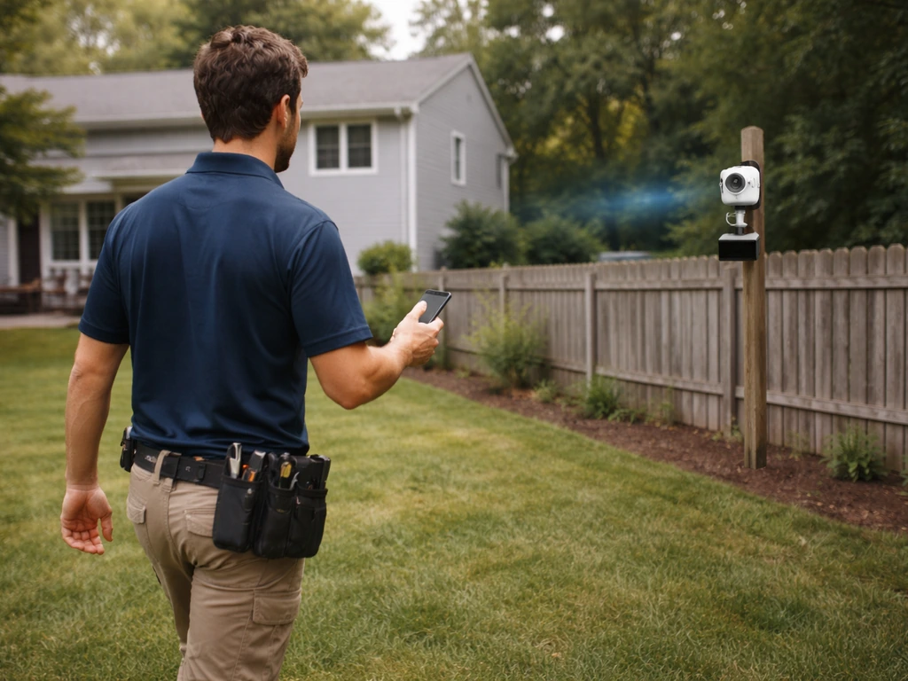 Technician walks through a yard holding a phone toward a mounted feeder camera, Wi-Fi hotspot implied in the distance.