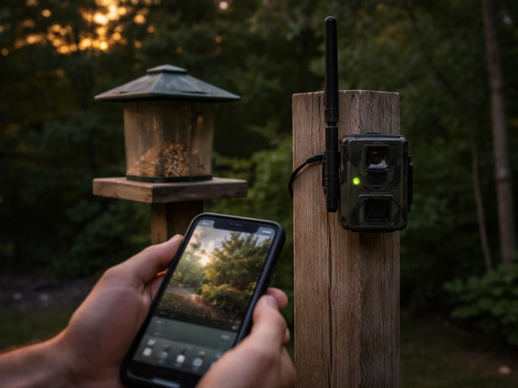 Bird feeder camera outdoors with a cellular antenna and phone showing a live feed concept