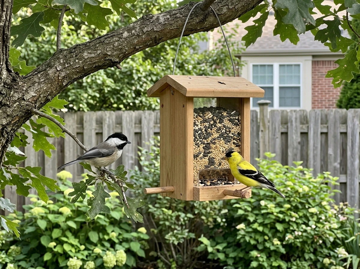 Backyard bird feeder setup with visible seed, surrounding branches, and a few birds perched nearby