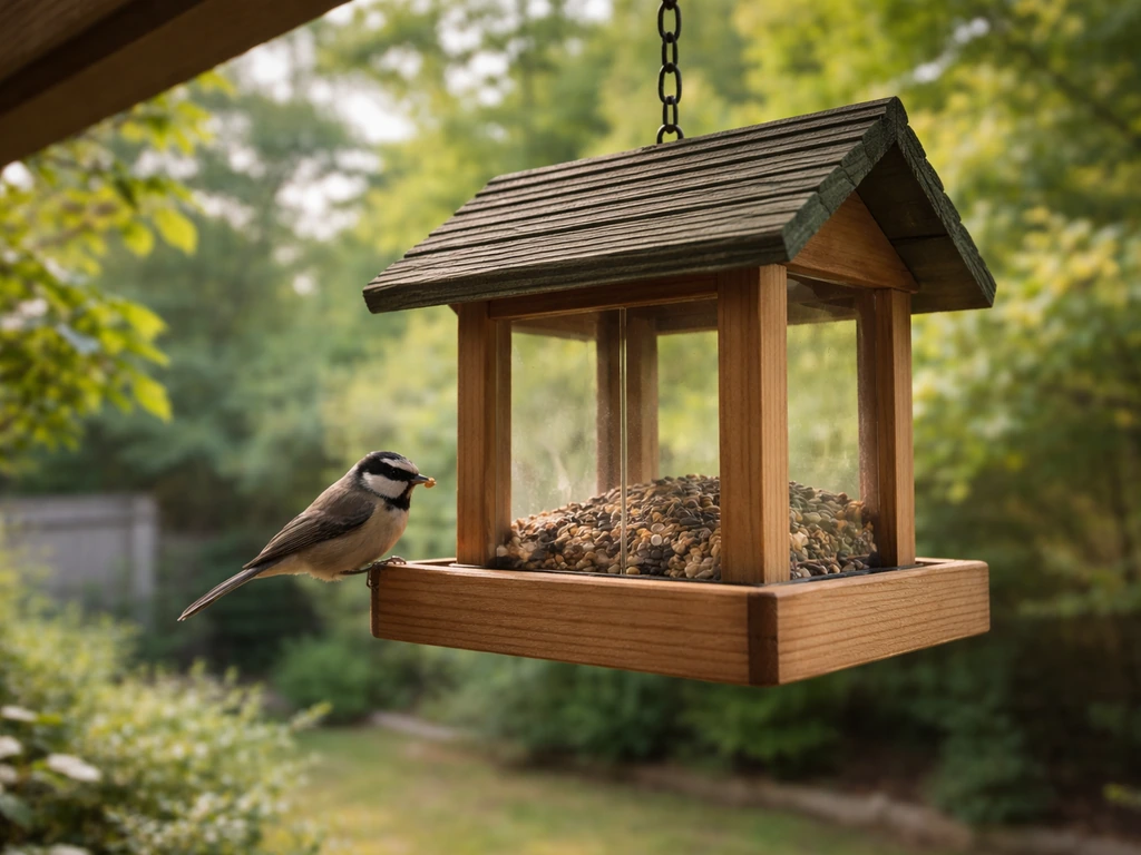 Small songbird perched near a simple bird feeder in a quiet yard, natural eco-friendly scene