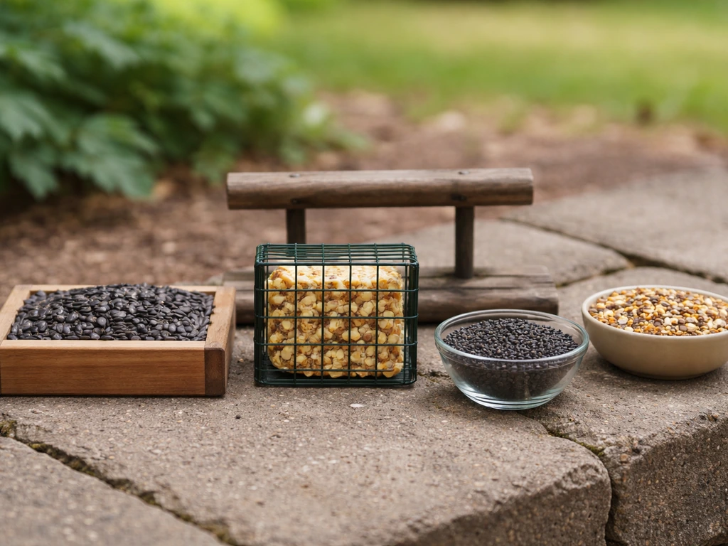 Two simple bird feeders and separate seed types showing low-waste choices versus mixed seed.