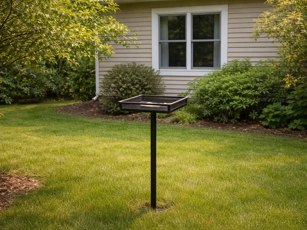 Platform bird feeder on a post, safely placed near a house window with clear distance from the glass.