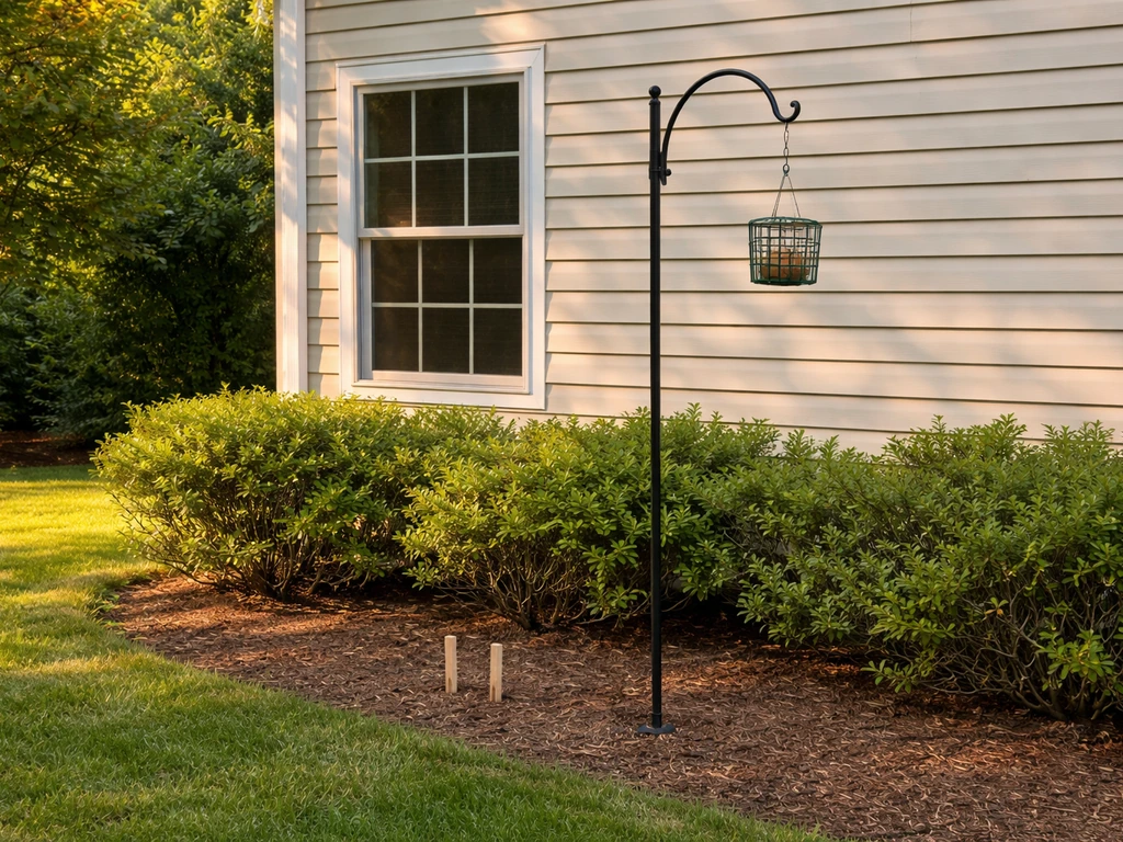 Bird feeder placed at safe height, set several feet from a window with nearby garden markers.
