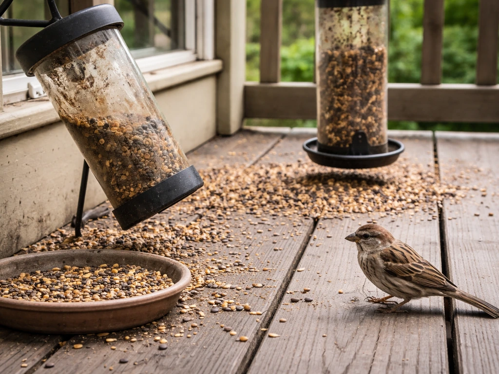 Multiple bird feeders on a backyard porch, with spilled seed and a dirty tilted feeder plus a small songbird