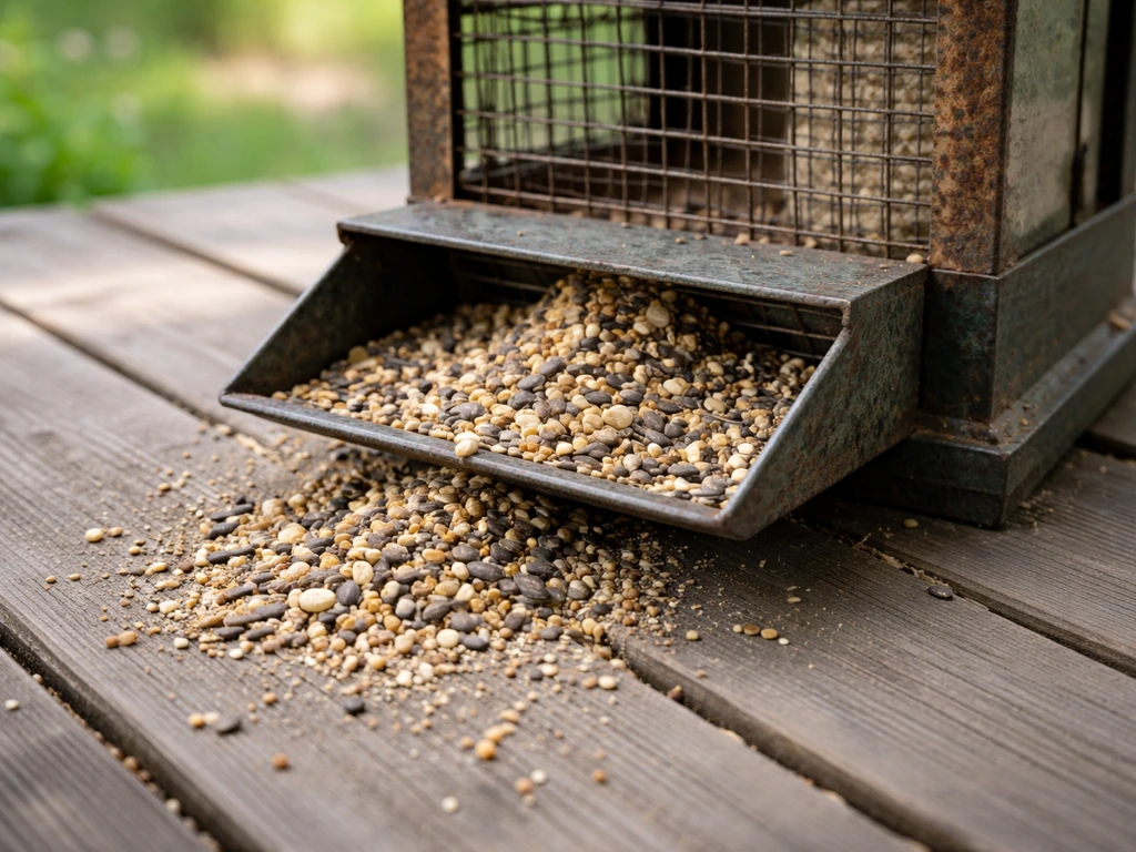 Bird feeder tray tipped with seed scattered on the ground, with signs of a clog near the opening.
