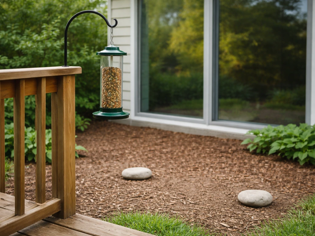 Backyard porch feeder with a clear view to a nearby window, showing safe spacing markers on the ground.
