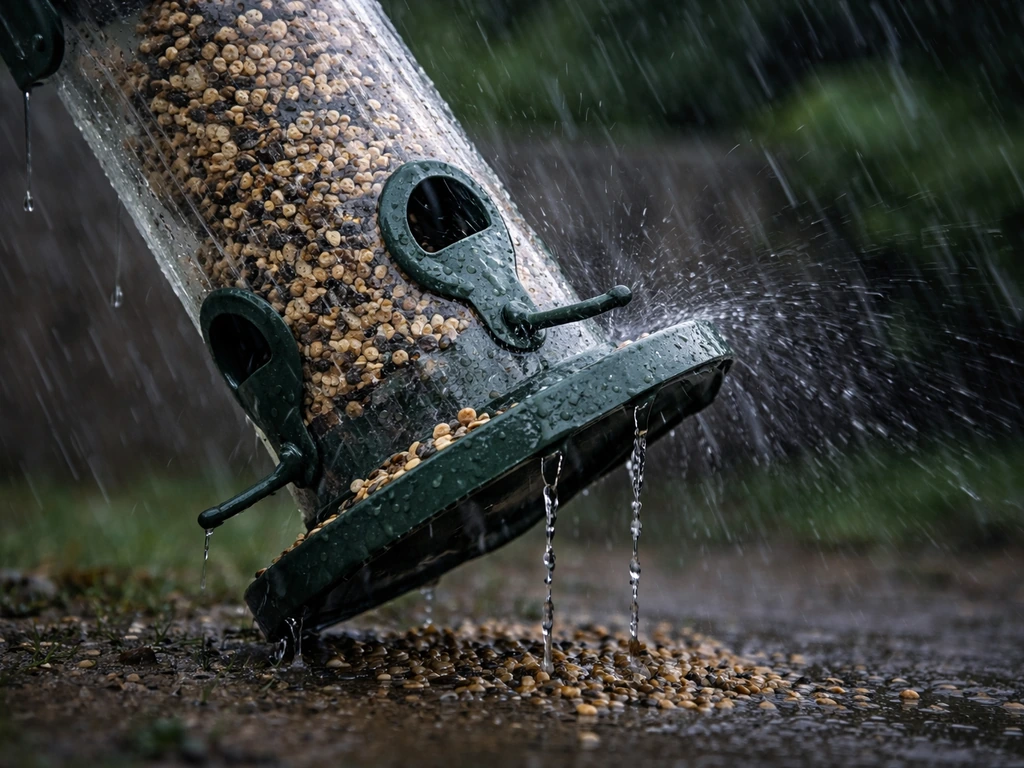 Outdoor bird feeder in heavy wind and rain, seed spilled on wet ground and water soaked into feeder ports.