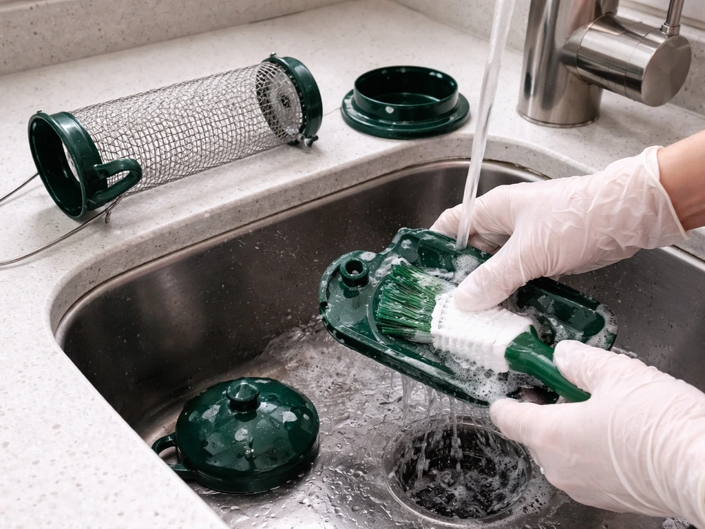 Gloved hands scrubbing a disassembled bird feeder parts on a clean kitchen counter under water.