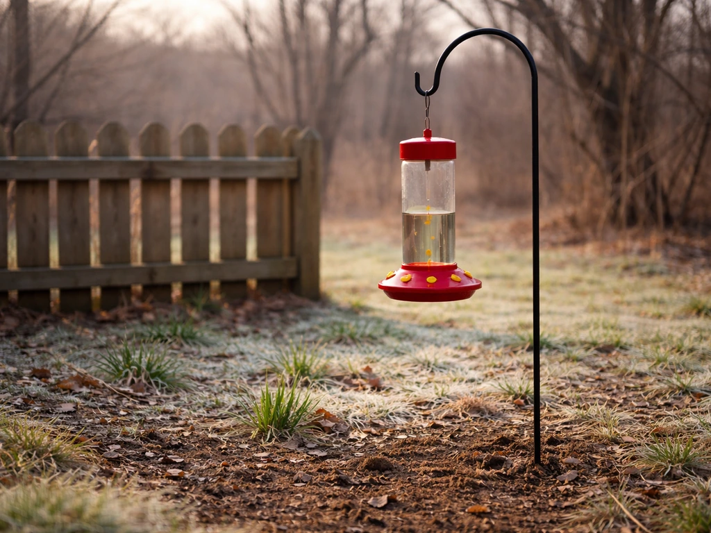 Late winter to early spring backyard with a hanging bird feeder amid thawing ground and early green grass.