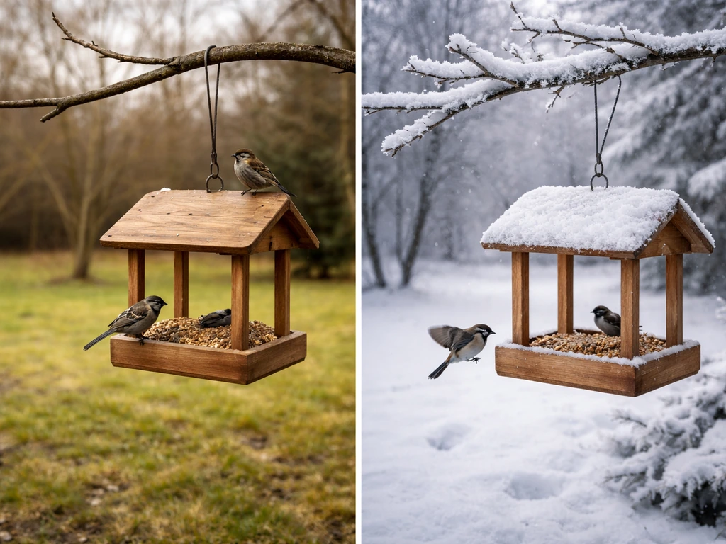 Bird feeder in mild and harsh winter yards, showing frost and snow on the harsher side.