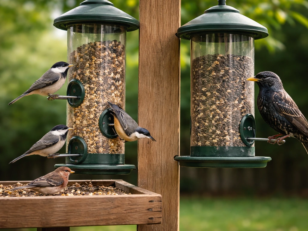 Backyard feeders side-by-side showing small songbirds using one feeder and a larger bird approaching the other.