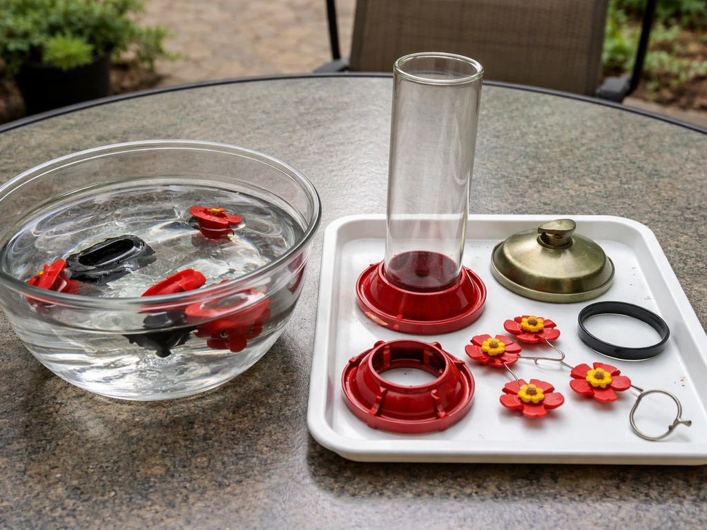 Disassembled bird feeder parts soaking in water, with dried pieces ready to reassemble on a garden table.