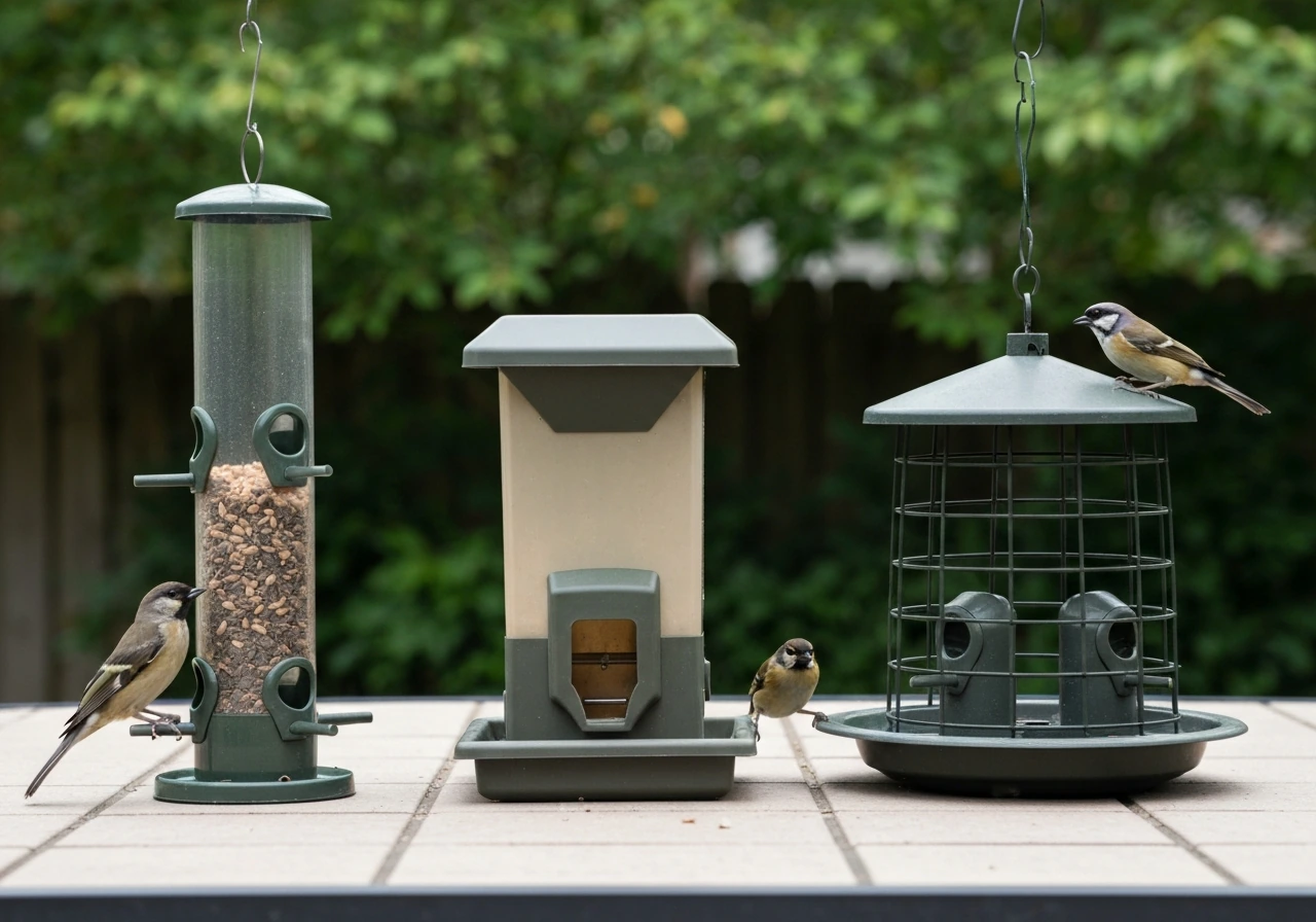 Three bird feeder types—tube, hopper, and platform—with small birds perched, backyard patio setting.