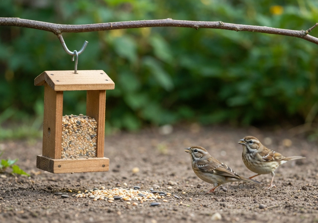 Two small songbirds approach a backyard seed feeder after noticing scattered seeds on the ground.