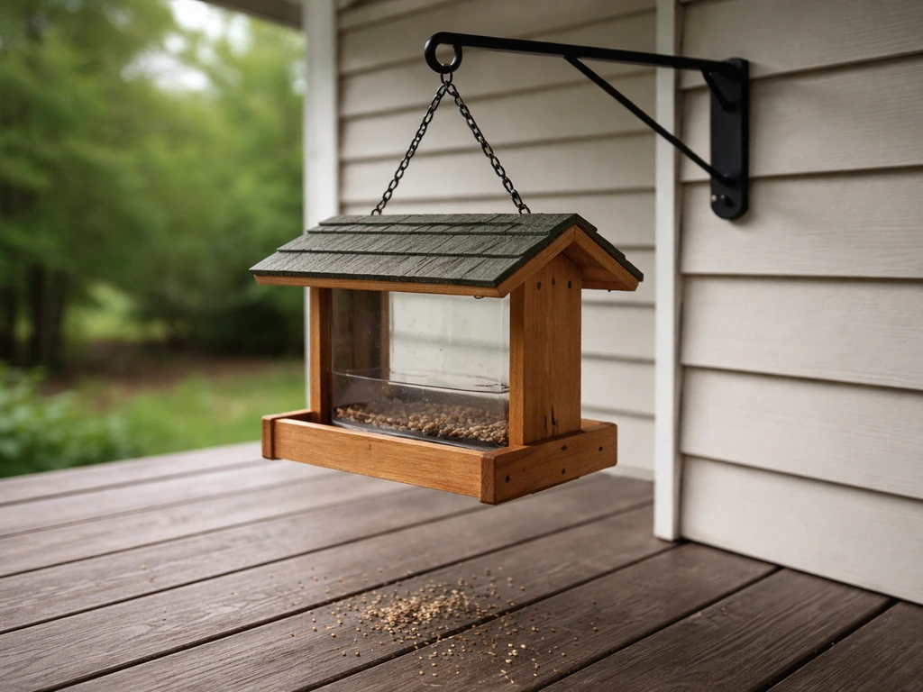Empty bird feeder hanging from a porch, with a few discarded seeds on the ground and no birds.