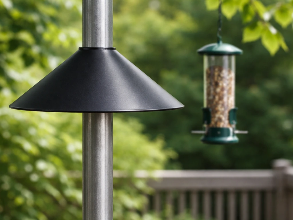 Cone baffle mounted on a metal pole above a bird feeder, blocking squirrels from climbing.