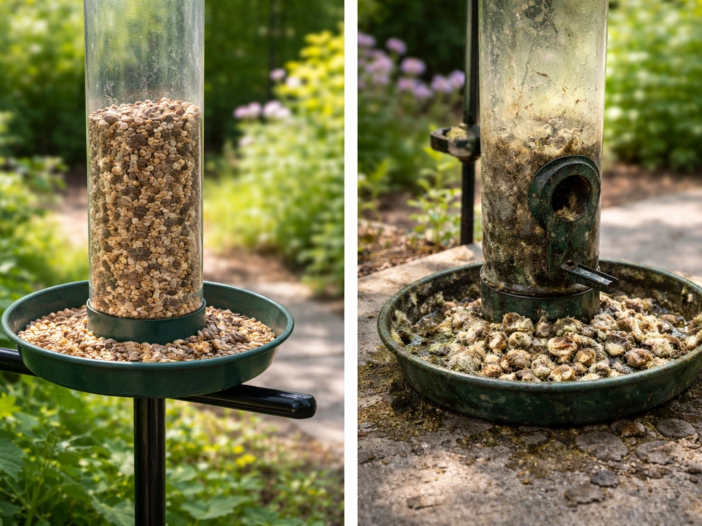Split view of a clean feeder with dry loose seed and a nearby feeder with moldy clumped seed to discard.