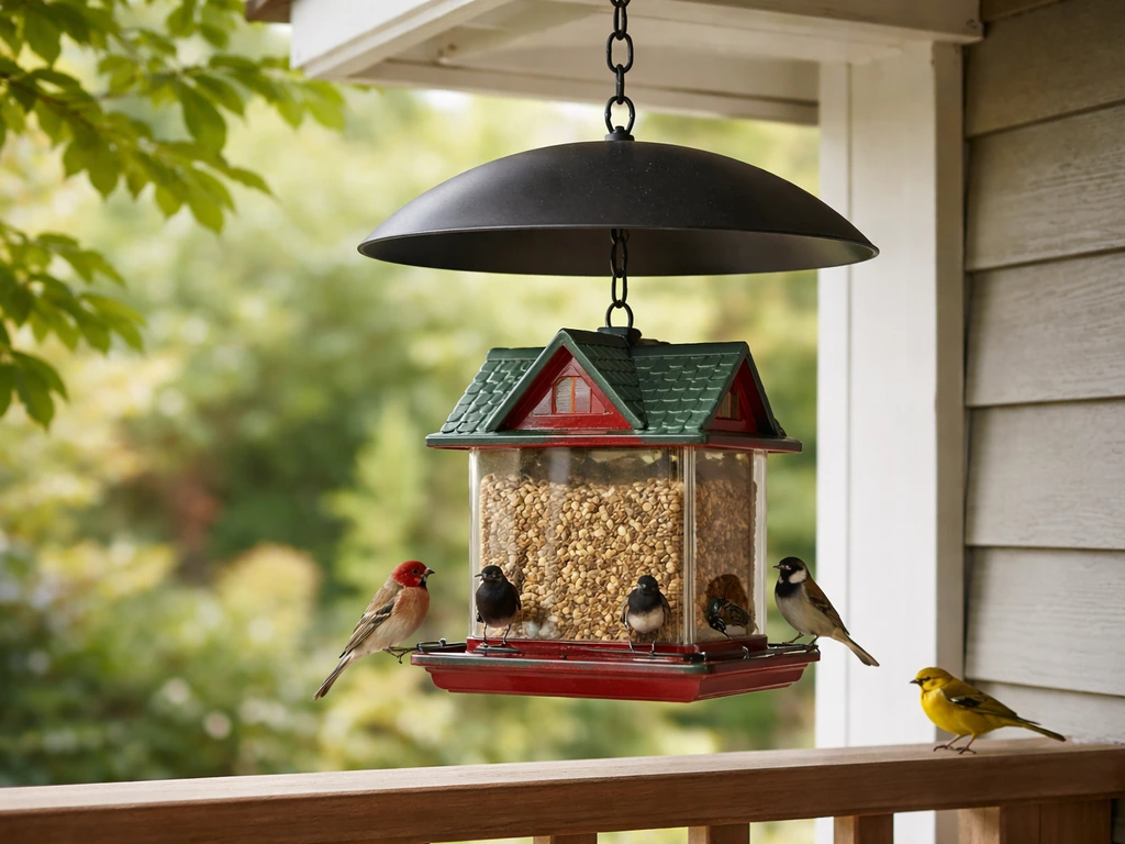Close view of a properly hung bird feeder on a San Francisco home balcony with birds nearby.