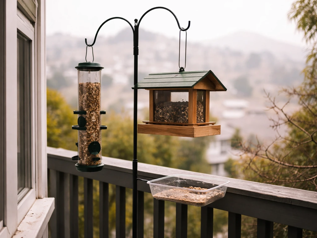 Close view of multiple bird feeders in a San Francisco backyard, with a nearby window and railing.