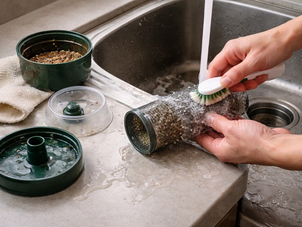 Hands rinsing and scrubbing bird feeder parts in a clean sink setup