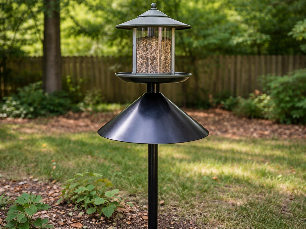 Pole-mounted bird feeder with a squirrel baffle preventing a squirrel from climbing up