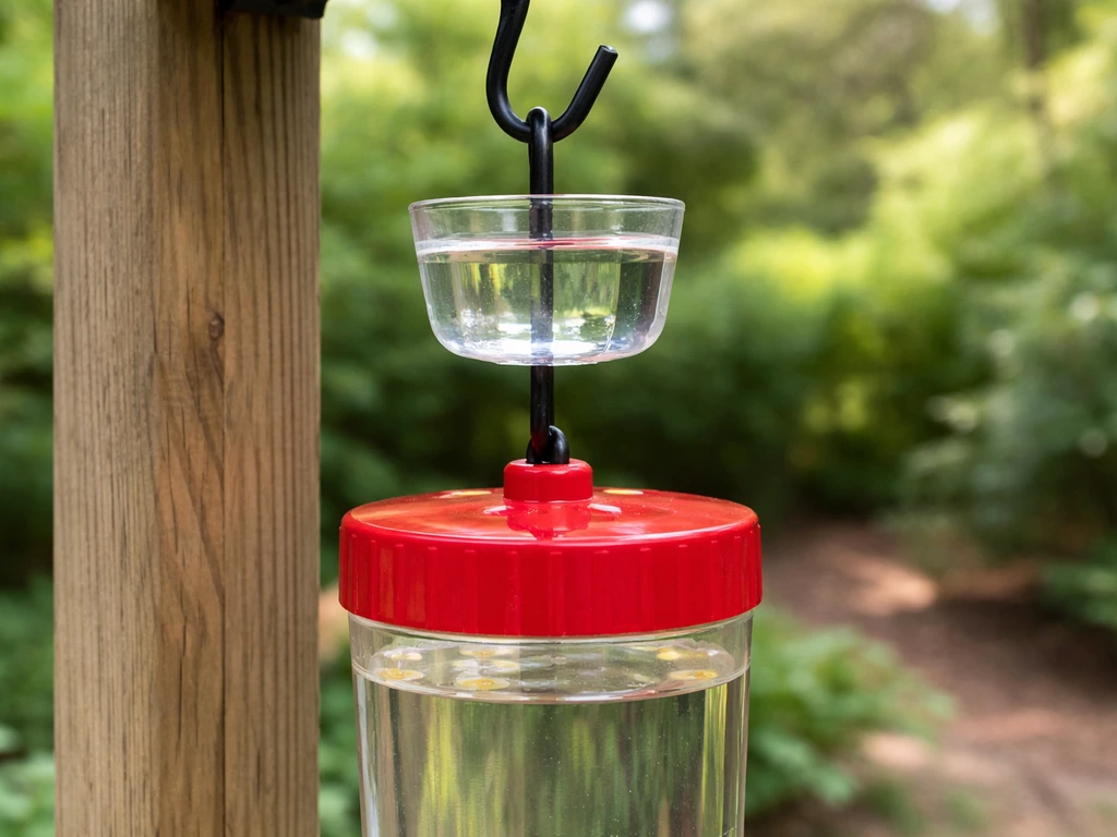 Hummingbird feeder with a water-filled ant moat cup between the hook and feeder, outdoors.