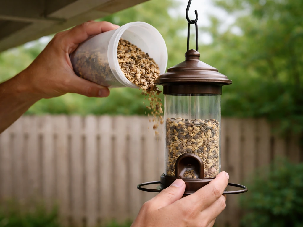 Hands refill a partially full backyard bird feeder with seed, with the feeder about one-quarter full.